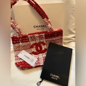 Chanel Red and White Patterned Tote Bag